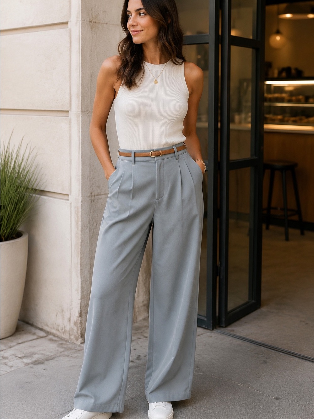 GAP Easy Trouser Women’s 8 Petite light blue/Gray Pleated Wide Leg Pull On Pants